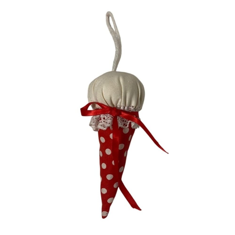 Handcrafted Polka Dot Fabric Ice Cream Cone Lace & Ribbon Embellishments 6"